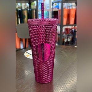 Starbucks sangria hot pink holiday 2022 24oz limited edition studded tumbler